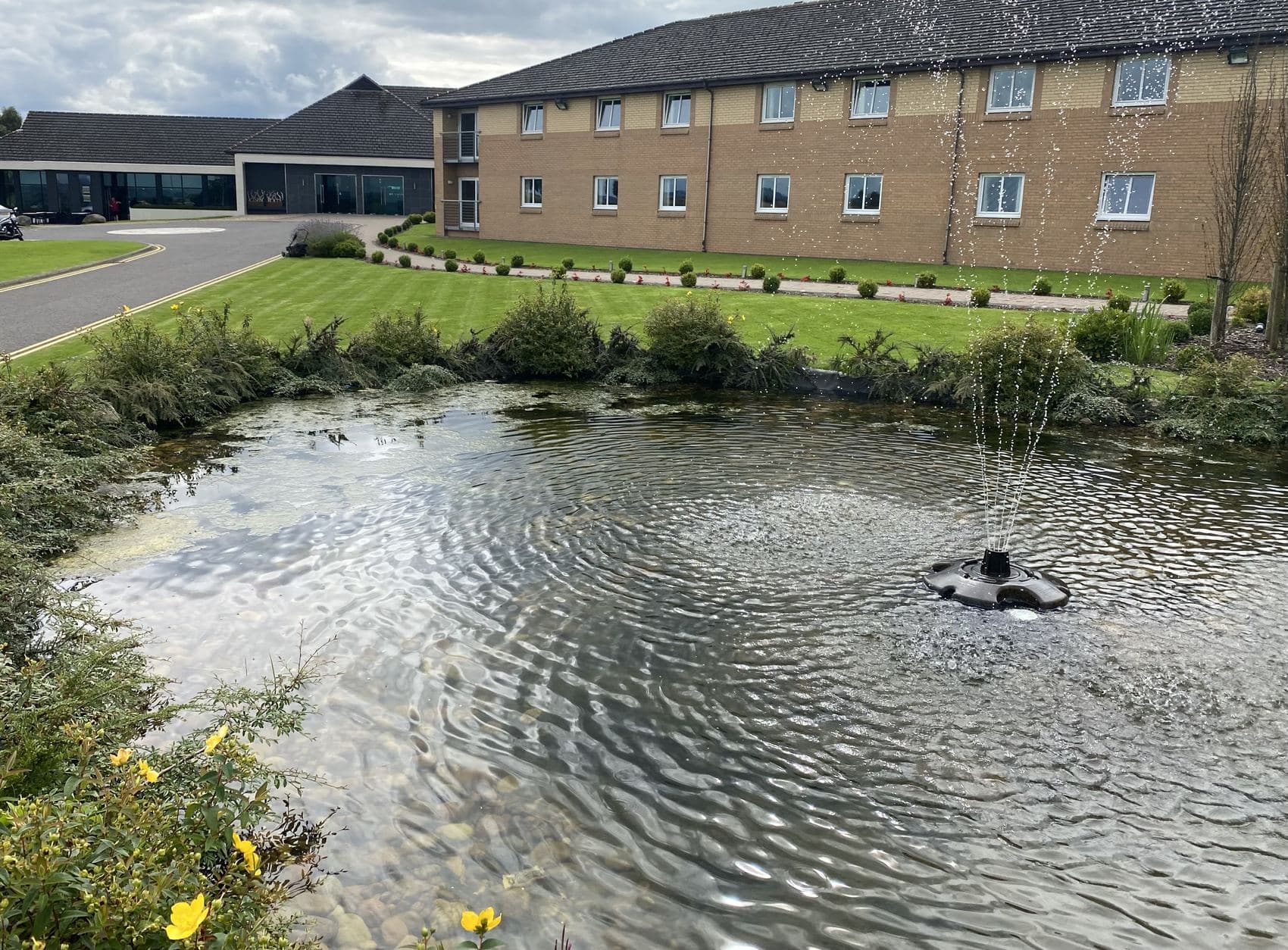 Commercial grounds with a maintained pond, fountain and clipped shrub beds outside an office building
